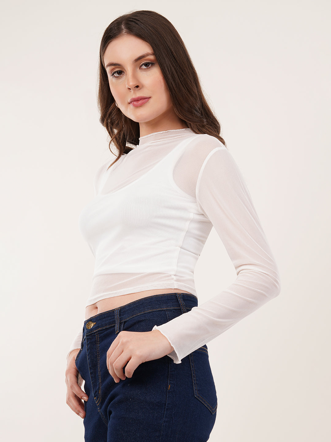 Clobug Women Full Sleeve High Neck Mesh Crop Top