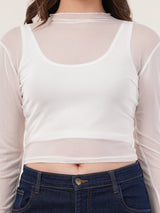 Clobug Women Full Sleeve High Neck Mesh Crop Top