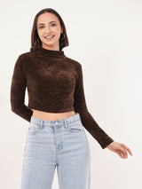 Clobug Women Solid High Neck Full Sleeve Velvet Top