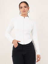 Clobug Women Solid High Neck Regular Cotton Blend Full Sleeve Jacket Top