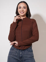 Clobug Women Solid High Neck Regular Cotton Blend Full Sleeve Jacket Top