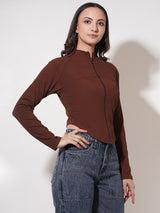 Clobug Women Solid High Neck Regular Cotton Blend Full Sleeve Jacket Top