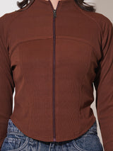 Clobug Women Solid High Neck Regular Cotton Blend Full Sleeve Jacket Top