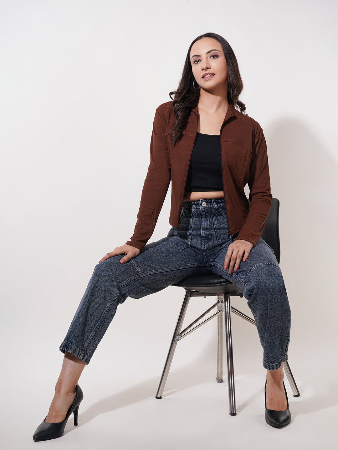 Clobug Women Solid High Neck Regular Cotton Blend Full Sleeve Jacket Top