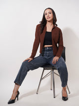 Clobug Women Solid High Neck Regular Cotton Blend Full Sleeve Jacket Top