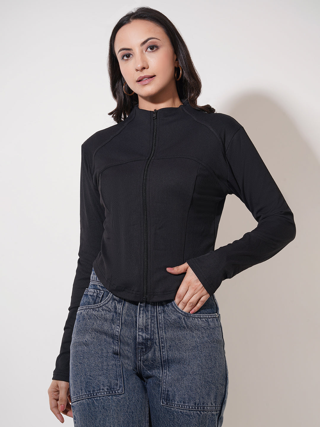 Clobug Women Solid High Neck Regular Cotton Blend Full Sleeve Jacket Top