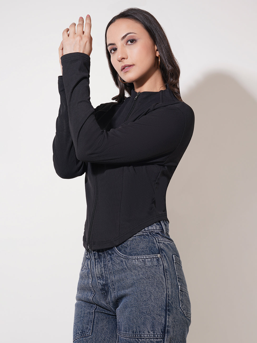 Clobug Women Solid High Neck Regular Cotton Blend Full Sleeve Jacket Top