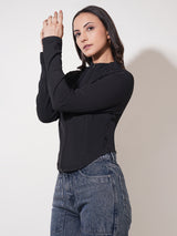 Clobug Women Solid High Neck Regular Cotton Blend Full Sleeve Jacket Top
