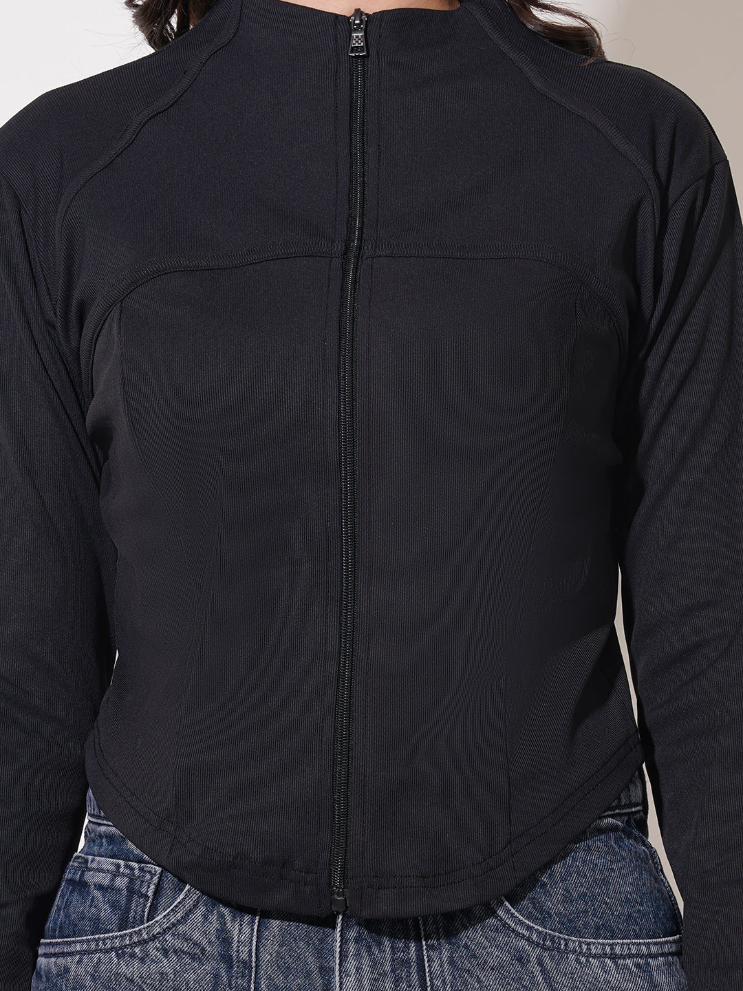 Clobug Women Solid High Neck Regular Cotton Blend Full Sleeve Jacket Top
