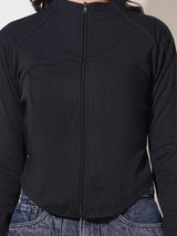 Clobug Women Solid High Neck Regular Cotton Blend Full Sleeve Jacket Top