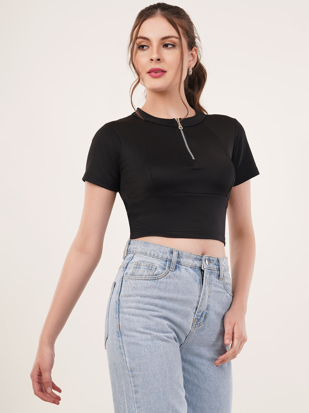 Clobug Women Solid High Neck Short Sleeve Crop Top