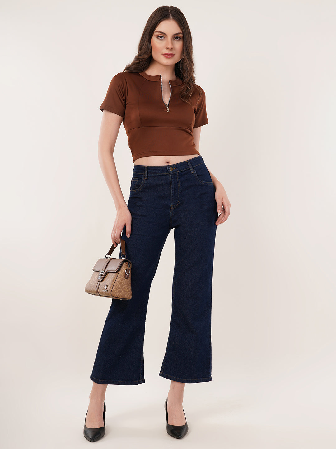 Clobug Women Solid High Neck Short Sleeve Crop Top