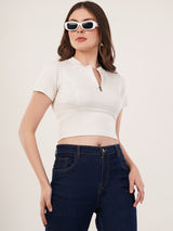 Clobug Women Solid High Neck Short Sleeve Crop Top