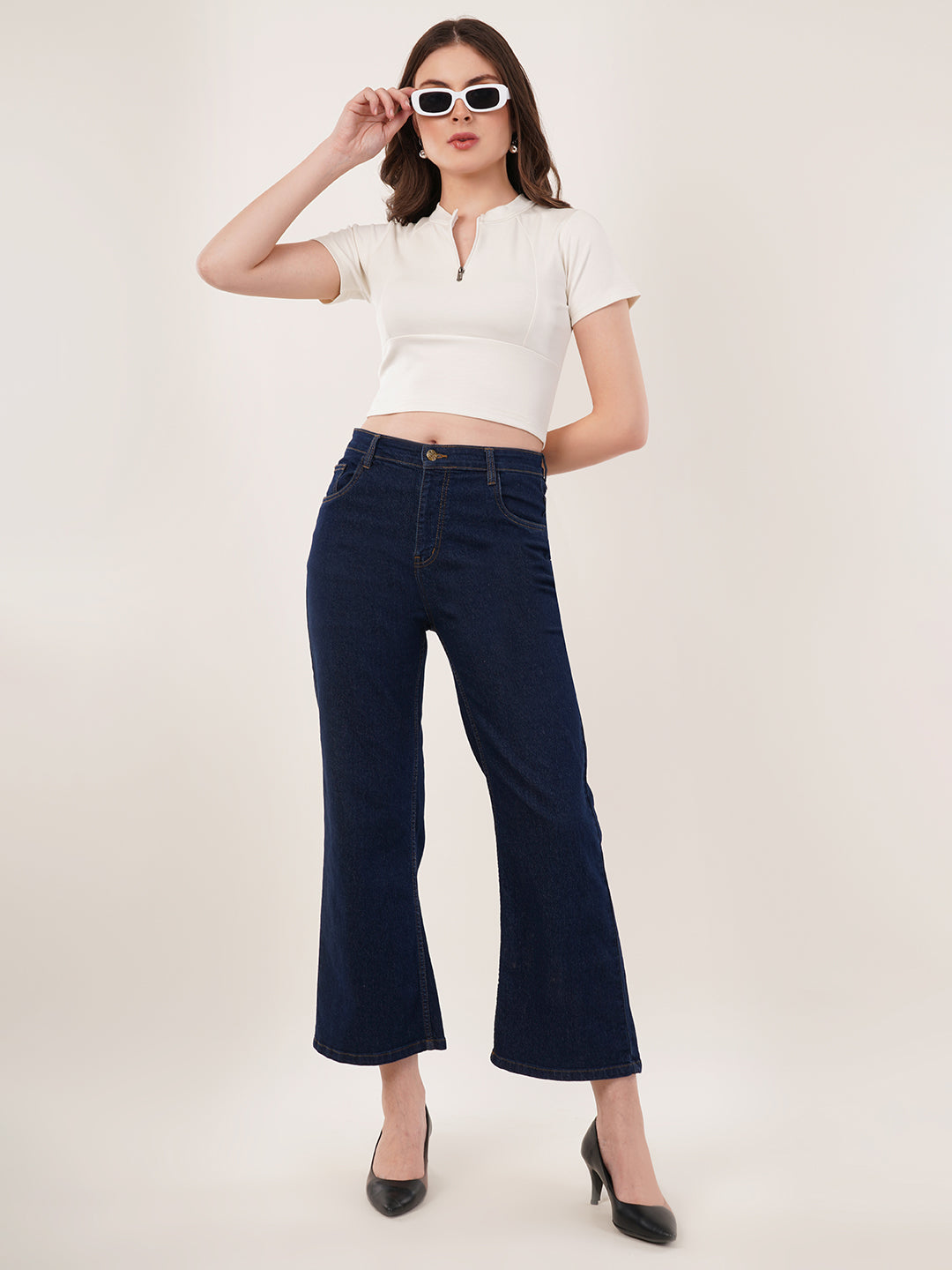 Clobug Women Solid High Neck Short Sleeve Crop Top