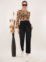 Clobug Women Printed Full Sleeve Round Neck Net Crop Top