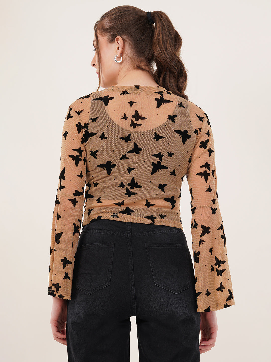 Clobug Women Printed Full Sleeve Round Neck Net Crop Top