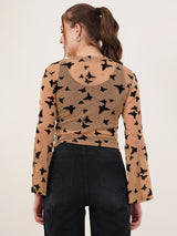 Clobug Women Printed Full Sleeve Round Neck Net Crop Top