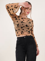 Clobug Women Printed Full Sleeve Round Neck Net Crop Top