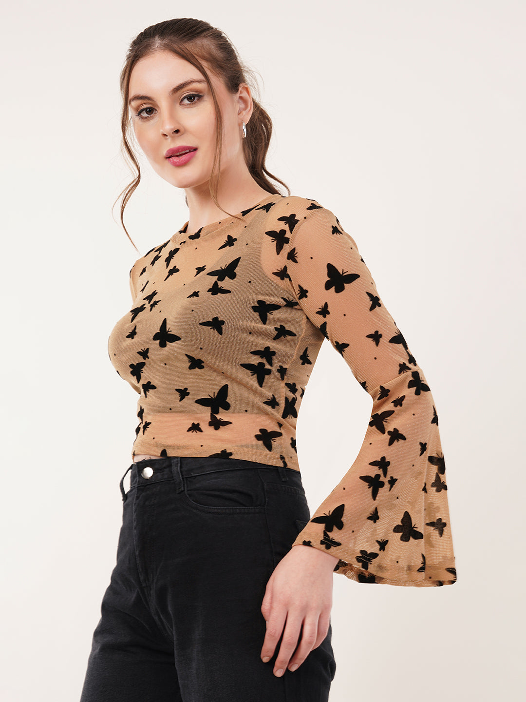Clobug Women Printed Full Sleeve Round Neck Net Crop Top