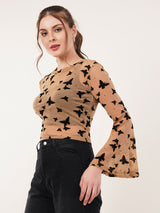 Clobug Women Printed Full Sleeve Round Neck Net Crop Top