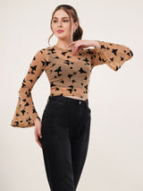 Clobug Women Printed Full Sleeve Round Neck Net Crop Top