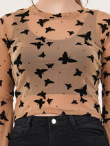 Clobug Women Printed Full Sleeve Round Neck Net Crop Top