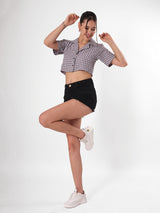 Checkered Notched Collar Crop Shirt