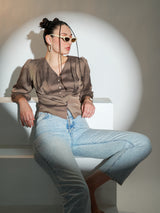 Brown V Neck Pleated Top