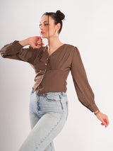 Brown V Neck Pleated Top