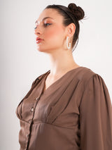 Brown V Neck Pleated Top