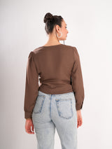 Brown V Neck Pleated Top