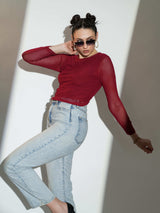 Maroon Round Neck Net Top