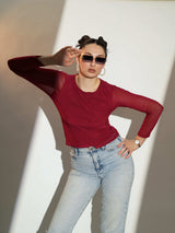 Maroon Round Neck Net Top