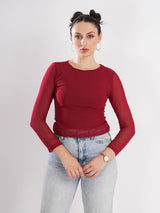 Maroon Round Neck Net Top