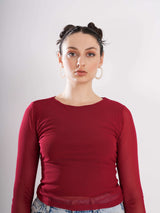 Maroon Round Neck Net Top