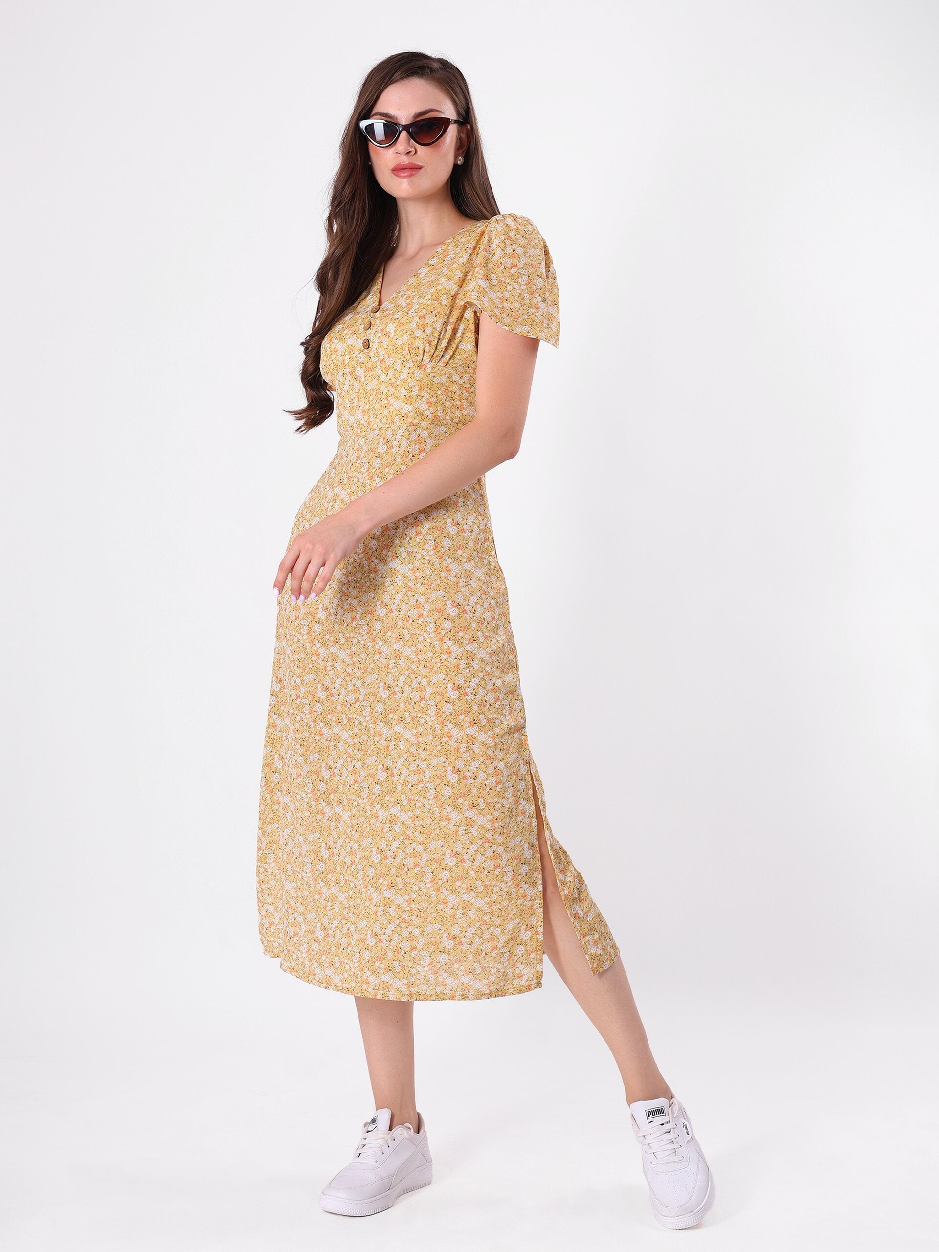 Floral Print Bell Sleeve Side Slit Midi Dress