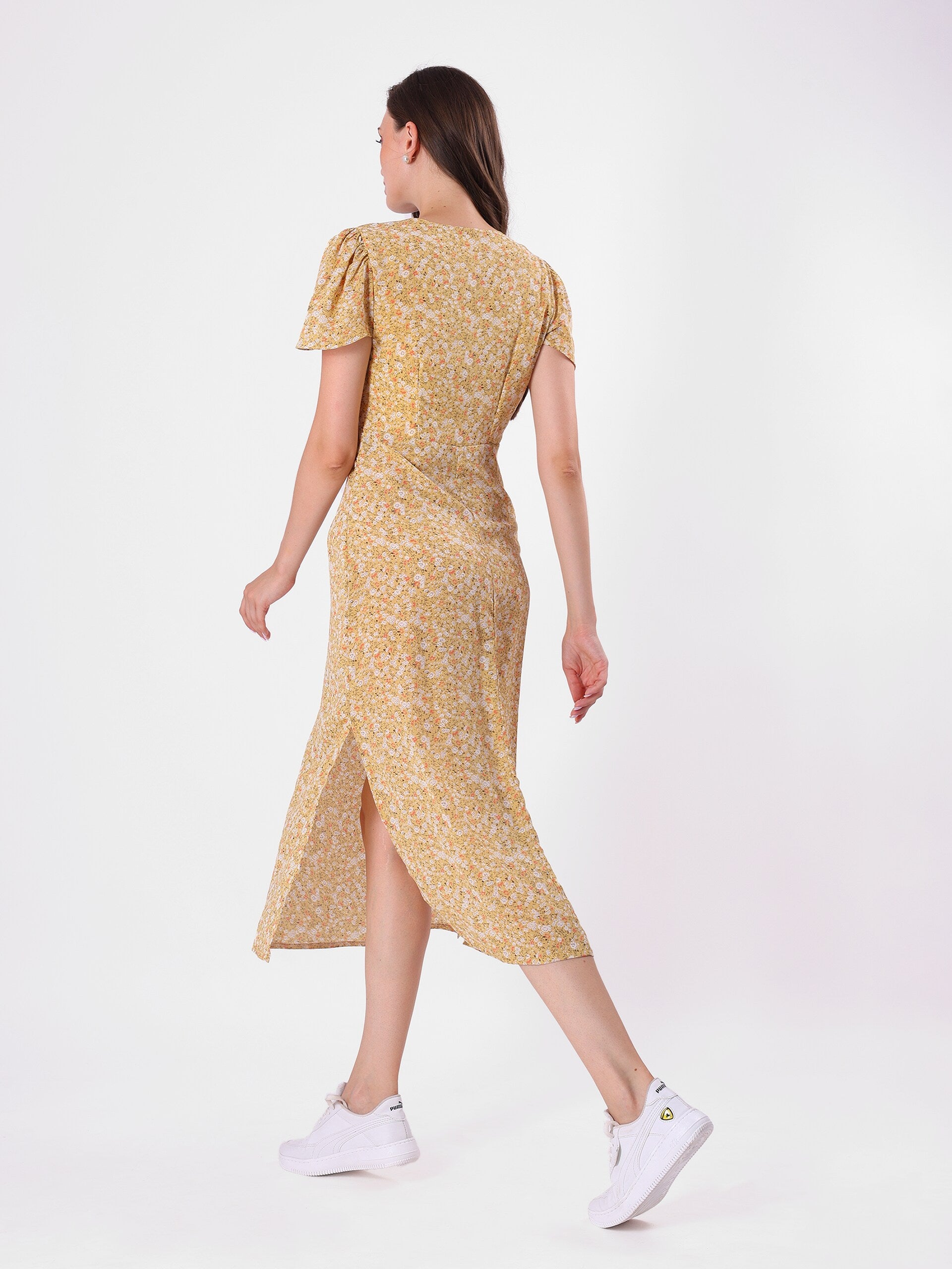 Floral Print Bell Sleeve Side Slit Midi Dress