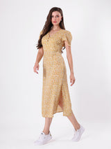 Floral Print Bell Sleeve Side Slit Midi Dress