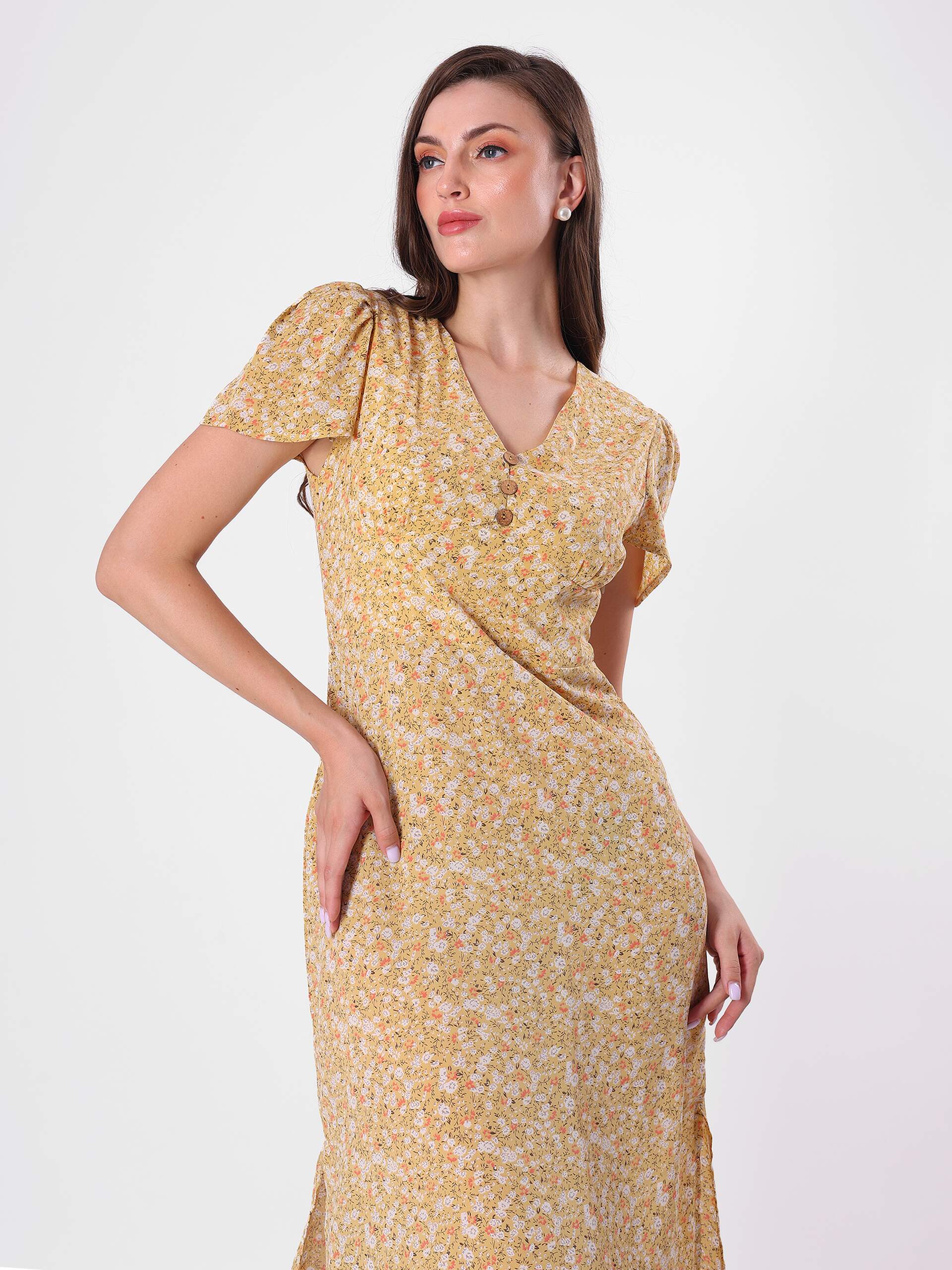 Floral Print Bell Sleeve Side Slit Midi Dress