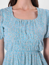 Floral Print Puff Sleeve Beaded Neck Midi Dress