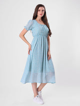 Floral Print Puff Sleeve Beaded Neck Midi Dress