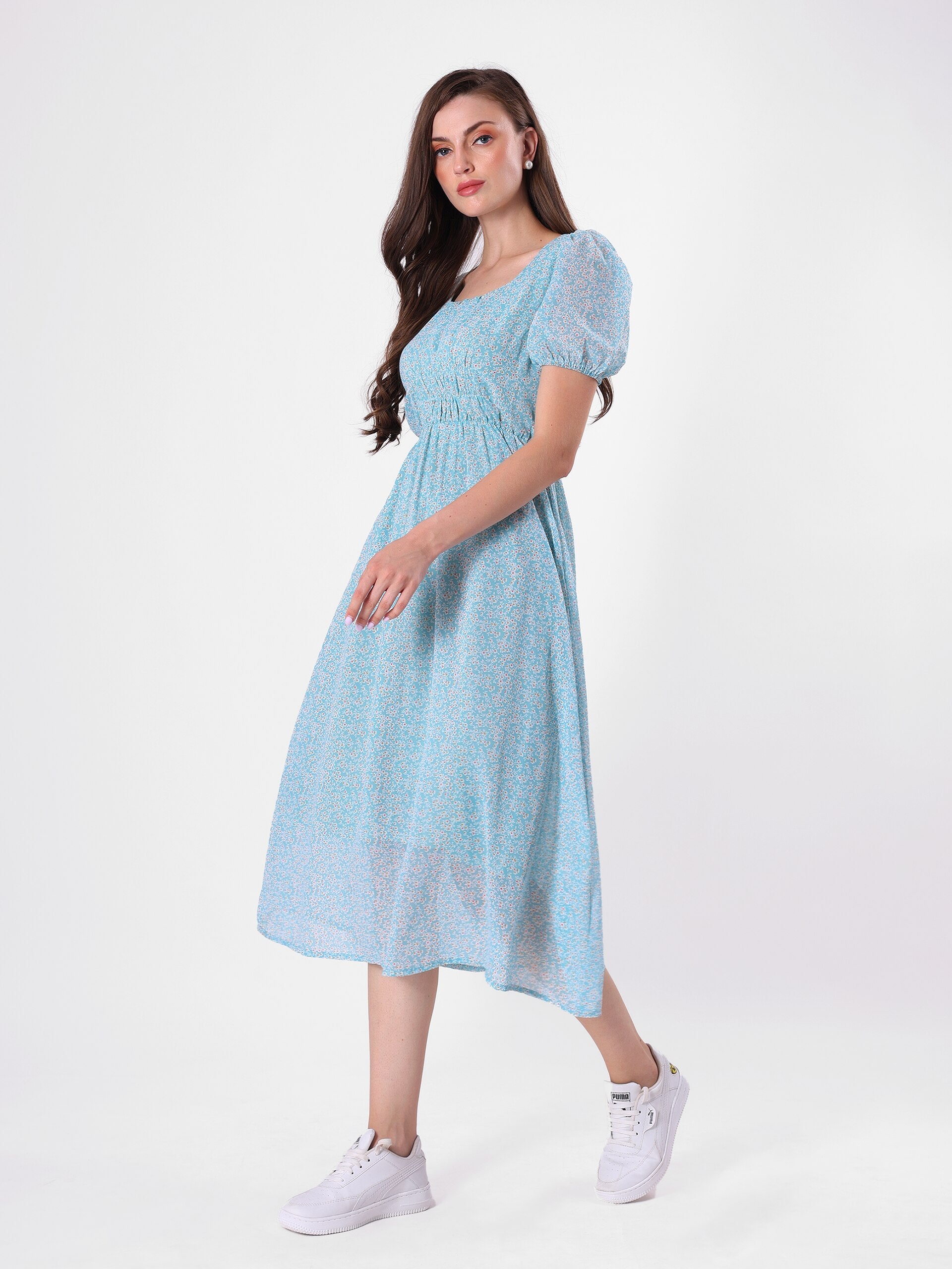 Floral Print Puff Sleeve Beaded Neck Midi Dress