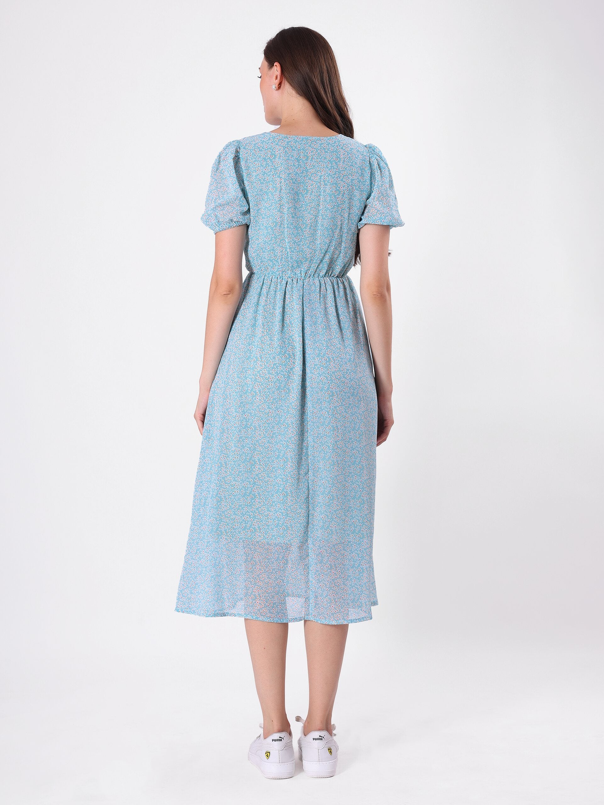 Floral Print Puff Sleeve Beaded Neck Midi Dress