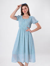 Floral Print Puff Sleeve Beaded Neck Midi Dress