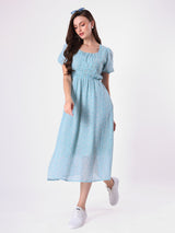Floral Print Puff Sleeve Beaded Neck Midi Dress