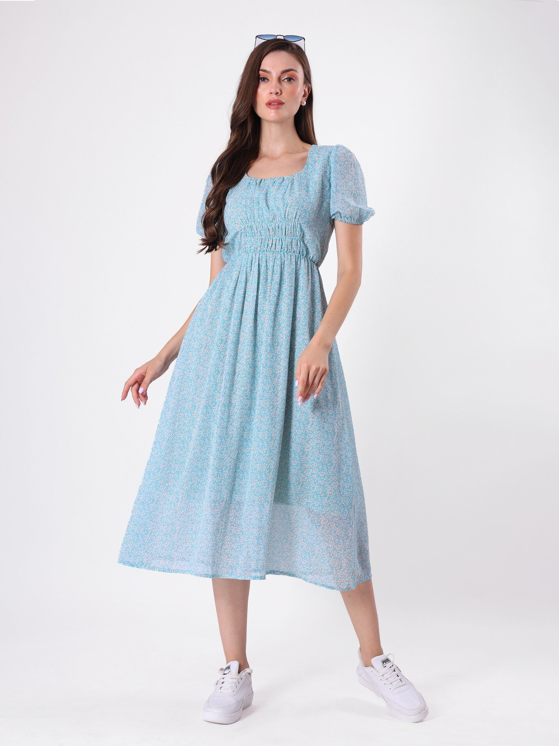 Floral Print Puff Sleeve Beaded Neck Midi Dress