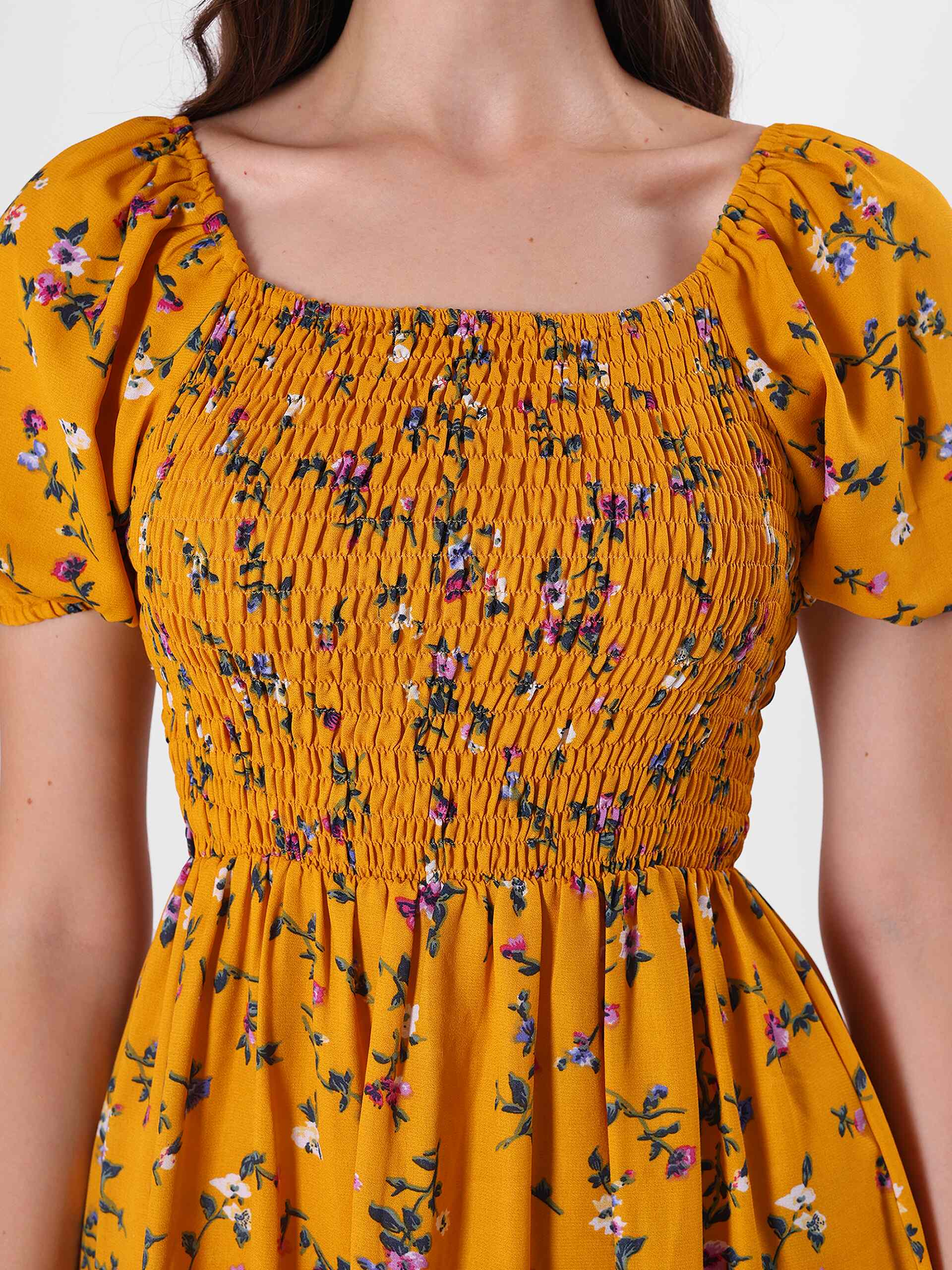 Floral Print Puff Sleeve Flowy Midi Dress