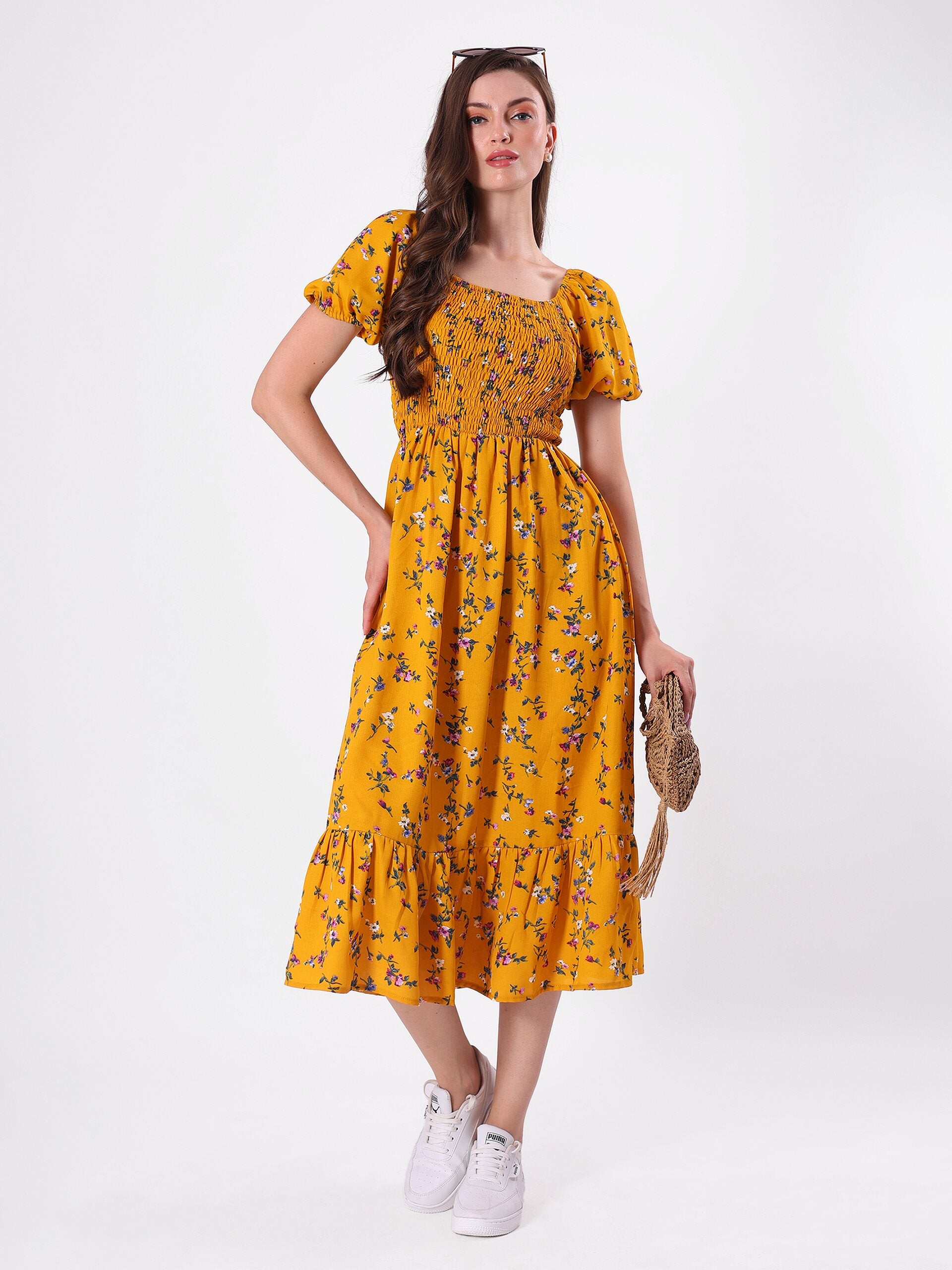 Floral Print Puff Sleeve Flowy Midi Dress