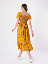 Floral Print Puff Sleeve Flowy Midi Dress