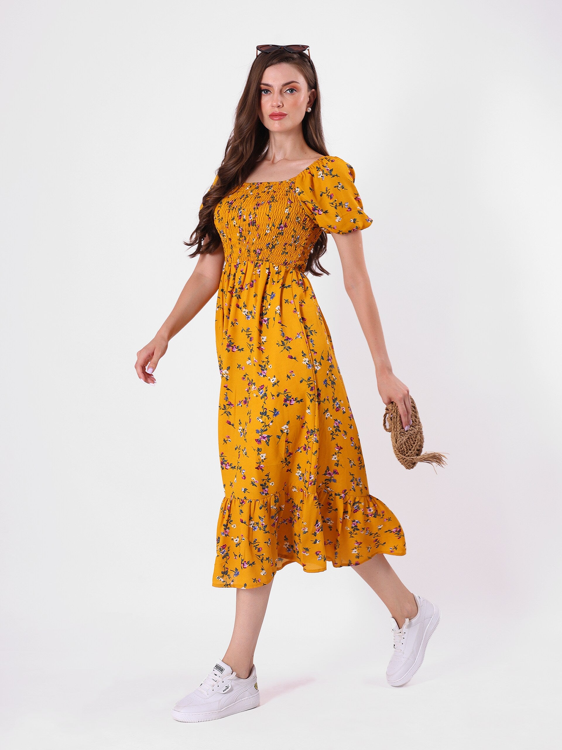 Floral Print Puff Sleeve Flowy Midi Dress